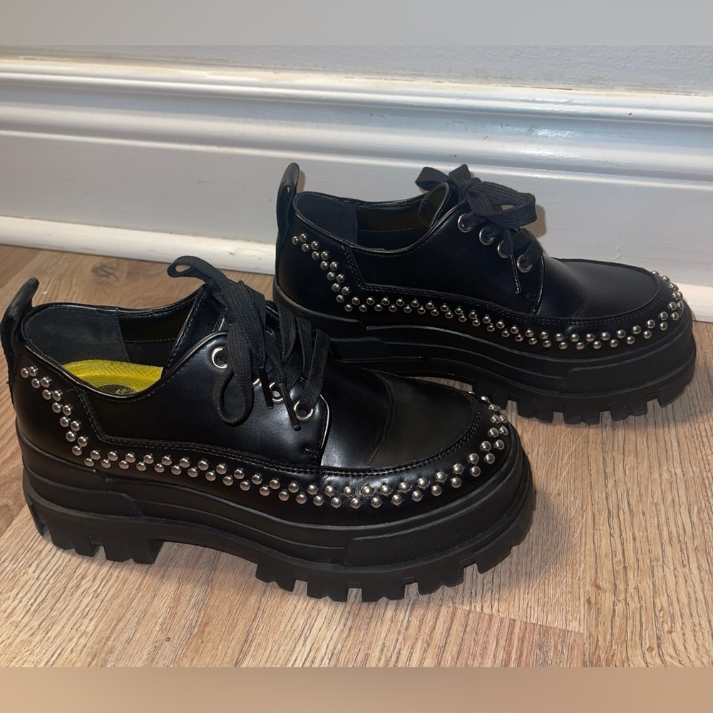 Buffalo London Black Vegan Faux Leather Platform Loafers with Silver Rivets